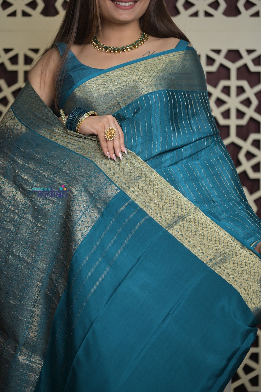 Shubh Lakshmi 2.0 ~ Handloom High Quality Pure Mysore Silk Saree in Azure Blue and Gold (Silk Mark Certified) - verymuchindian.com