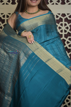 Shubh Lakshmi 2.0 ~ Handloom High Quality Pure Mysore Silk Saree in Azure Blue and Gold (Silk Mark Certified) - verymuchindian.com