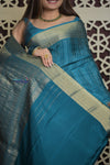 Shubh Lakshmi 2.0 ~ Handloom High Quality Pure Mysore Silk Saree in Azure Blue and Gold (Silk Mark Certified) - verymuchindian.com