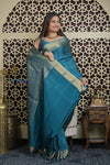 Shubh Lakshmi 2.0 ~ Handloom High Quality Pure Mysore Silk Saree in Azure Blue and Gold (Silk Mark Certified) - verymuchindian.com