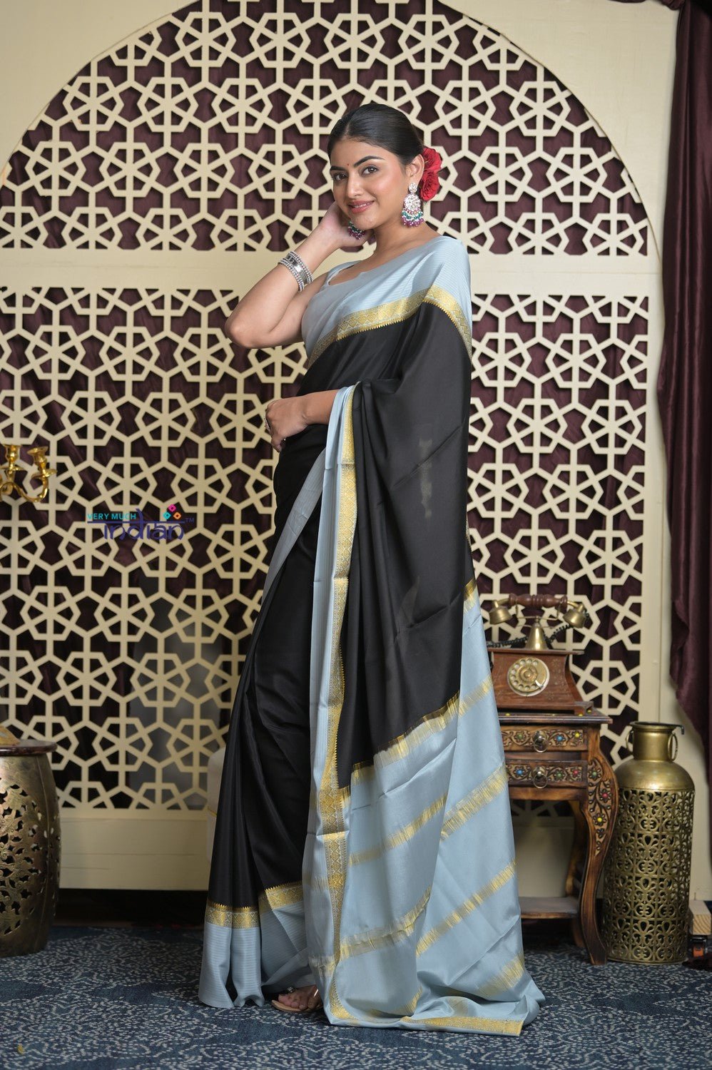 Shubh Lakshmi 2.0 ~ Handloom High Quality Pure Mysore Silk Saree in Black and Grey (Silk Mark Certified) - verymuchindian.com