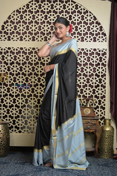 Shubh Lakshmi 2.0 ~ Handloom High Quality Pure Mysore Silk Saree in Black and Grey (Silk Mark Certified) - verymuchindian.com