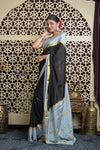 Shubh Lakshmi 2.0 ~ Handloom High Quality Pure Mysore Silk Saree in Black and Grey (Silk Mark Certified) - verymuchindian.com