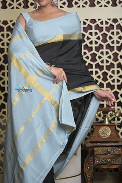 Shubh Lakshmi 2.0 ~ Handloom High Quality Pure Mysore Silk Saree in Black and Grey (Silk Mark Certified) - verymuchindian.com