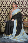 Shubh Lakshmi 2.0 ~ Handloom High Quality Pure Mysore Silk Saree in Black and Grey (Silk Mark Certified) - verymuchindian.com