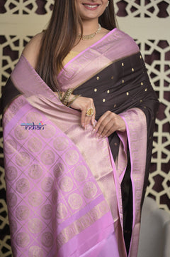 Shubh Lakshmi 2.0 ~ Handloom High Quality Pure Mysore Silk Saree in Dark Brown (Silk Mark Certified) - verymuchindian.com