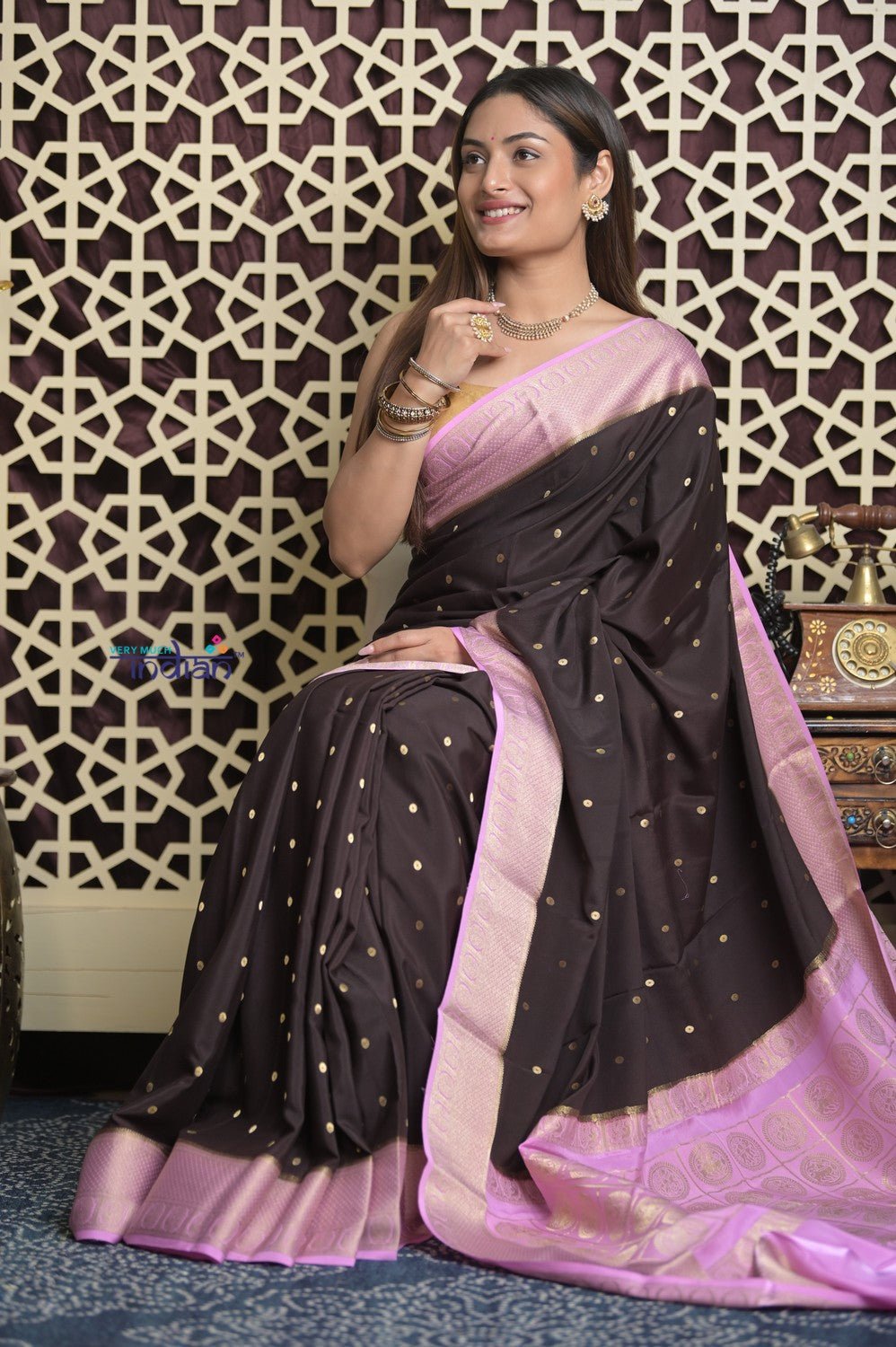 Shubh Lakshmi 2.0 ~ Handloom High Quality Pure Mysore Silk Saree in Dark Brown (Silk Mark Certified) - verymuchindian.com