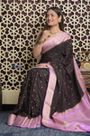 Shubh Lakshmi 2.0 ~ Handloom High Quality Pure Mysore Silk Saree in Dark Brown (Silk Mark Certified) - verymuchindian.com
