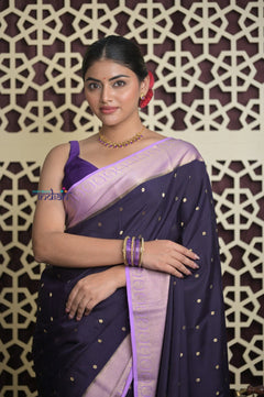Shubh Lakshmi 2.0 ~ Handloom High Quality Pure Mysore Silk Saree in Dark Violet (Silk Mark Certified) - verymuchindian.com