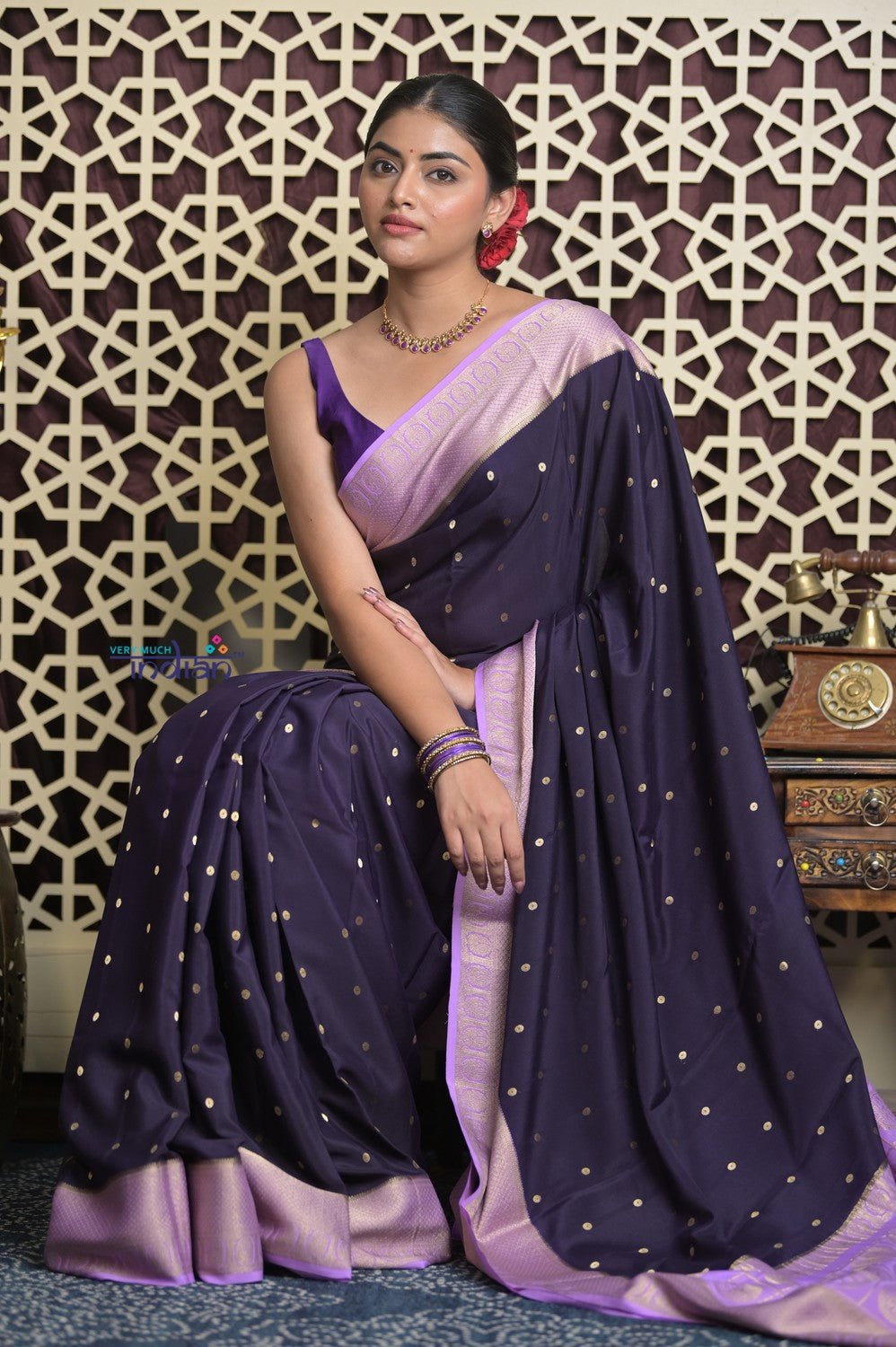 Shubh Lakshmi 2.0 ~ Handloom High Quality Pure Mysore Silk Saree in Dark Violet (Silk Mark Certified) - verymuchindian.com