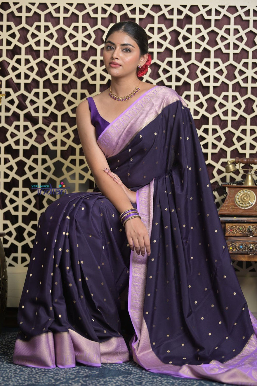 Shubh Lakshmi 2.0 ~ Handloom High Quality Pure Mysore Silk Saree in Dark Violet (Silk Mark Certified) - verymuchindian.com