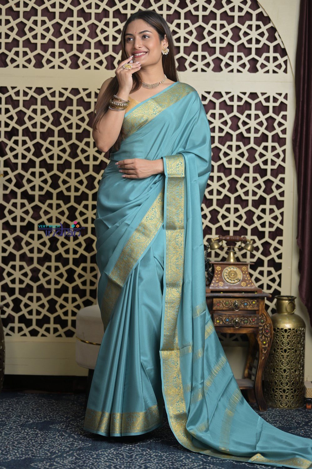 Shubh Lakshmi 2.0 ~ Handloom High Quality Pure Mysore Silk Saree in Light Blue (Silk Mark Certified) - verymuchindian.com