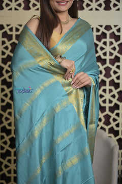 Shubh Lakshmi 2.0 ~ Handloom High Quality Pure Mysore Silk Saree in Light Blue (Silk Mark Certified) - verymuchindian.com