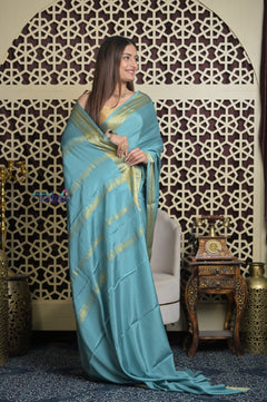 Shubh Lakshmi 2.0 ~ Handloom High Quality Pure Mysore Silk Saree in Light Blue (Silk Mark Certified) - verymuchindian.com