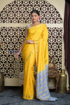 Shubh Lakshmi 2.0 ~ Handloom High Quality Pure Mysore Silk Saree in Starlight Yellow and Grey (Silk Mark Certified) - verymuchindian.com