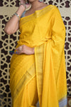 Shubh Lakshmi 2.0 ~ Handloom High Quality Pure Mysore Silk Saree in Starlight Yellow and Grey (Silk Mark Certified) - verymuchindian.com