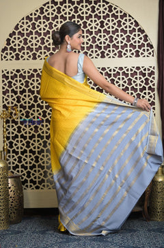 Shubh Lakshmi 2.0 ~ Handloom High Quality Pure Mysore Silk Saree in Starlight Yellow and Grey (Silk Mark Certified) - verymuchindian.com