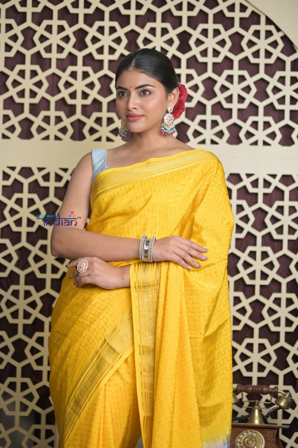 Shubh Lakshmi 2.0 ~ Handloom High Quality Pure Mysore Silk Saree in Starlight Yellow and Grey (Silk Mark Certified) - verymuchindian.com