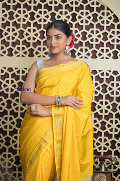Shubh Lakshmi 2.0 ~ Handloom High Quality Pure Mysore Silk Saree in Starlight Yellow and Grey (Silk Mark Certified) - verymuchindian.com