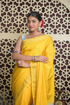 Shubh Lakshmi 2.0 ~ Handloom High Quality Pure Mysore Silk Saree in Starlight Yellow and Grey (Silk Mark Certified) - verymuchindian.com