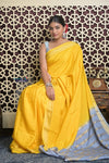 Shubh Lakshmi 2.0 ~ Handloom High Quality Pure Mysore Silk Saree in Starlight Yellow and Grey (Silk Mark Certified) - verymuchindian.com