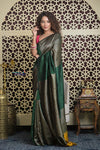 Shubh Lakshmi 2.0 ~ Handloom High Quality Pure Raw Silk Saree in Dark Green and Gold (Silk Mark Certified) - verymuchindian.com