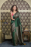 Shubh Lakshmi 2.0 ~ Handloom High Quality Pure Raw Silk Saree in Dark Green and Gold (Silk Mark Certified) - verymuchindian.com