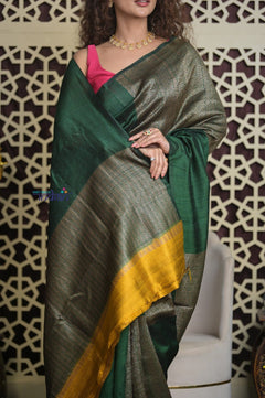 Shubh Lakshmi 2.0 ~ Handloom High Quality Pure Raw Silk Saree in Dark Green and Gold (Silk Mark Certified) - verymuchindian.com