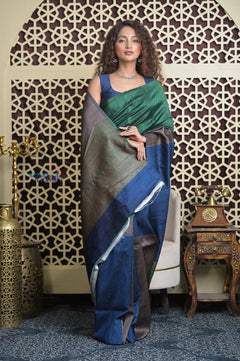 Shubh Lakshmi 2.0 ~ Handloom High Quality Pure Raw Silk Saree in Green and Blue (Silk Mark Certified) - verymuchindian.com