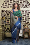 Shubh Lakshmi 2.0 ~ Handloom High Quality Pure Raw Silk Saree in Green and Blue (Silk Mark Certified) - verymuchindian.com