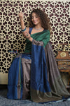 Shubh Lakshmi 2.0 ~ Handloom High Quality Pure Raw Silk Saree in Green and Blue (Silk Mark Certified) - verymuchindian.com
