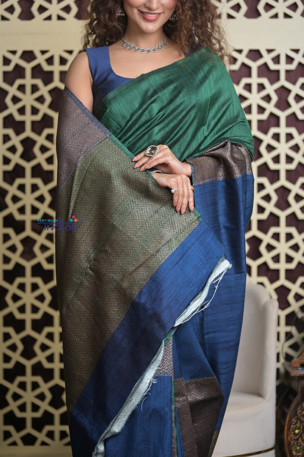 Shubh Lakshmi 2.0 ~ Handloom High Quality Pure Raw Silk Saree in Green and Blue (Silk Mark Certified) - verymuchindian.com