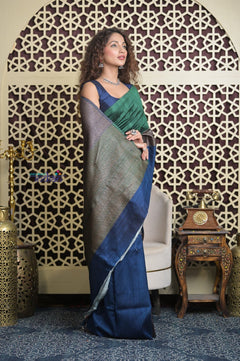 Shubh Lakshmi 2.0 ~ Handloom High Quality Pure Raw Silk Saree in Green and Blue (Silk Mark Certified) - verymuchindian.com