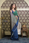 Shubh Lakshmi 2.0 ~ Handloom High Quality Pure Raw Silk Saree in Green and Blue (Silk Mark Certified) - verymuchindian.com