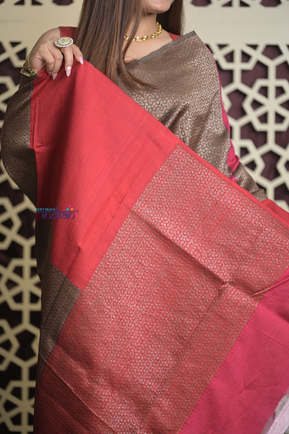 Shubh Lakshmi 2.0 ~ Handloom High Quality Pure Raw Silk Saree in Shades of Brown and Pink (Silk Mark Certified) - verymuchindian.com