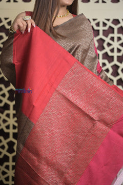 Shubh Lakshmi 2.0 ~ Handloom High Quality Pure Raw Silk Saree in Shades of Brown and Pink (Silk Mark Certified) - verymuchindian.com
