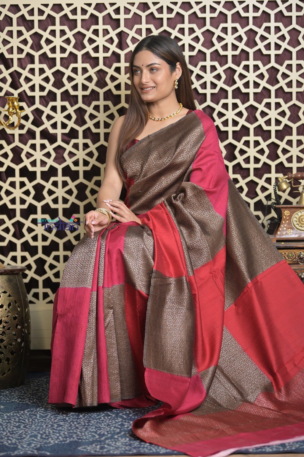 Shubh Lakshmi 2.0 ~ Handloom High Quality Pure Raw Silk Saree in Shades of Brown and Pink (Silk Mark Certified) - verymuchindian.com