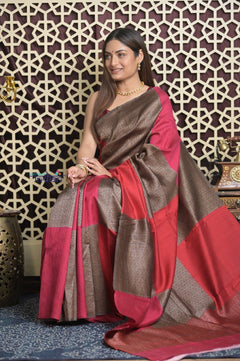 Shubh Lakshmi 2.0 ~ Handloom High Quality Pure Raw Silk Saree in Shades of Brown and Pink (Silk Mark Certified) - verymuchindian.com