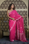 Shubh Lakshmi 2.0 ~ Handloom High Quality Pure Silk Chiffon Saree in Salient Pink (Silk Mark Certified) - verymuchindian.com