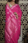 Shubh Lakshmi 2.0 ~ Handloom High Quality Pure Silk Chiffon Saree in Salient Pink (Silk Mark Certified) - verymuchindian.com