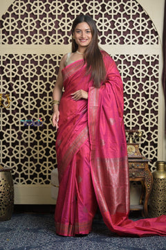 Shubh Lakshmi 2.0 ~ Handloom High Quality Pure Silk Dupion Saree in Dawn Light Pink(Silk Mark Certified) - verymuchindian.com