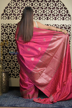 Shubh Lakshmi 2.0 ~ Handloom High Quality Pure Silk Dupion Saree in Dawn Light Pink(Silk Mark Certified) - verymuchindian.com