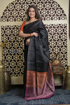 Shubh Lakshmi 2.0 ~ Handloom High Quality Pure Silk Saree in Black and Orange (Silk Mark Certified) - verymuchindian.com