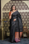Shubh Lakshmi 2.0 ~ Handloom High Quality Pure Silk Saree in Black and Orange (Silk Mark Certified) - verymuchindian.com