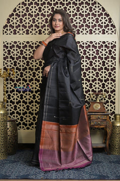 Shubh Lakshmi 2.0 ~ Handloom High Quality Pure Silk Saree in Black and Orange (Silk Mark Certified) - verymuchindian.com