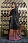 Shubh Lakshmi 2.0 ~ Handloom High Quality Pure Silk Saree in Black and Orange (Silk Mark Certified) - verymuchindian.com