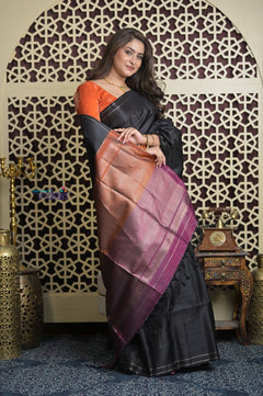 Shubh Lakshmi 2.0 ~ Handloom High Quality Pure Silk Saree in Black and Orange (Silk Mark Certified) - verymuchindian.com