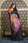 Shubh Lakshmi 2.0 ~ Handloom High Quality Pure Silk Saree in Black and Orange (Silk Mark Certified) - verymuchindian.com