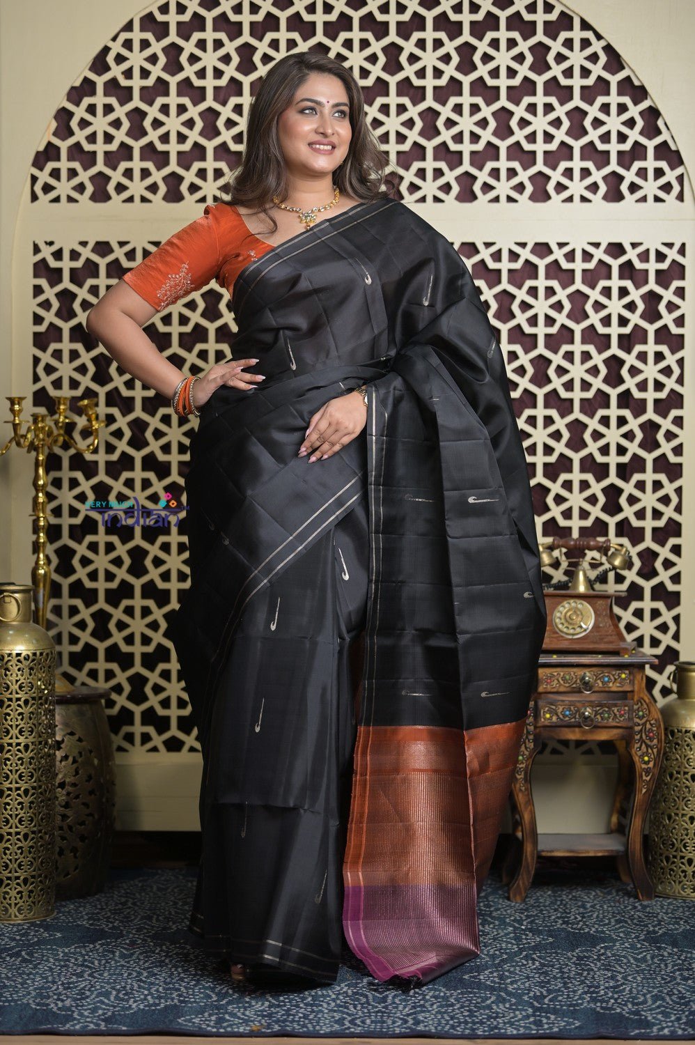 Shubh Lakshmi 2.0 ~ Handloom High Quality Pure Silk Saree in Black and Orange (Silk Mark Certified) - verymuchindian.com