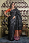 Shubh Lakshmi 2.0 ~ Handloom High Quality Pure Silk Saree in Black and Orange (Silk Mark Certified) - verymuchindian.com